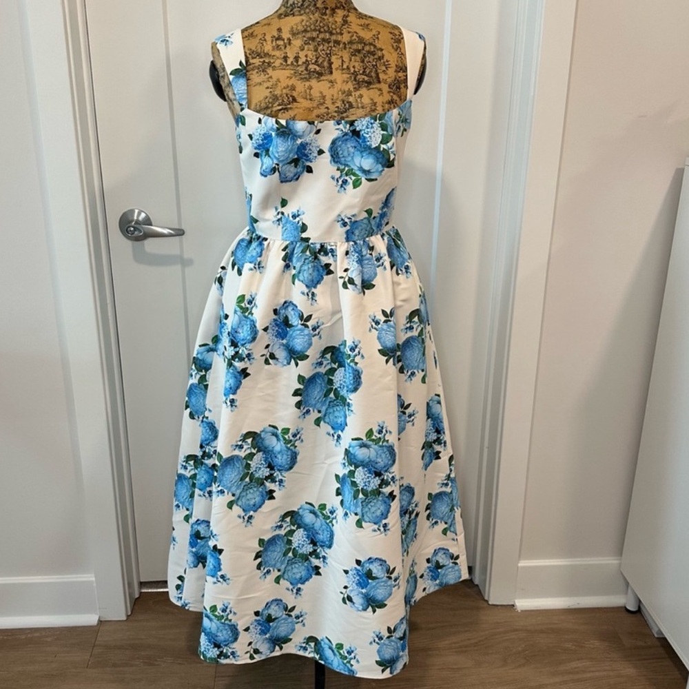 SACHIN & BABI Blaine Taffeta Square-Neck Midi Dress Blue Hydrangea Peony‎ Size 2